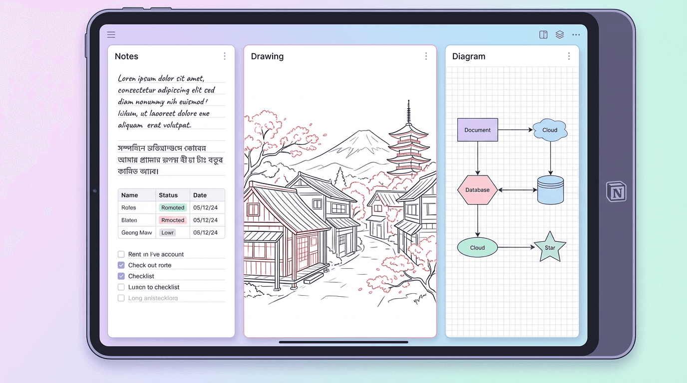 Tablet showing Noteara notes, drawing, and system diagram views